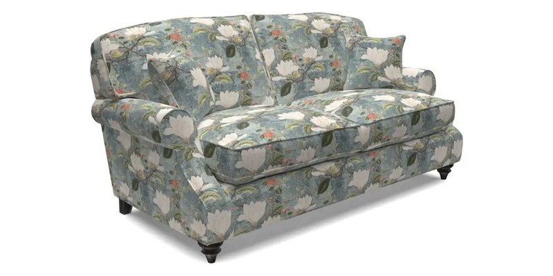 St Mawes 3 Seater Sofa in RHS Collection Gertrude Jekyll Trailing Vine Green-With-Scatters in Linwood Omega Velvet Hunter Green