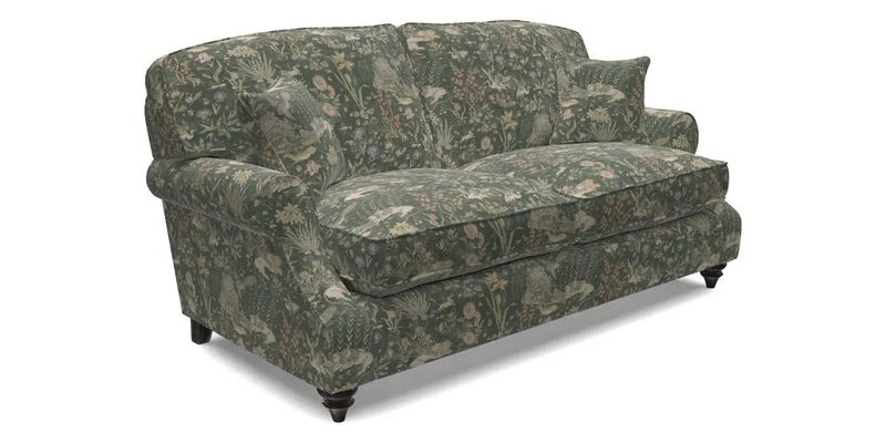 St Mawes 3 Seater Sofa in RHS Collection Gertrude Jekyll Trailing Vine Green-With-Scatters in Linwood Omega Velvet Hunter Green