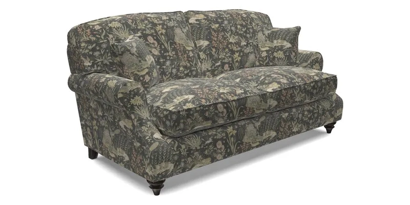 St Mawes 3 Seater Sofa in RHS Collection Gertrude Jekyll Trailing Vine Green-With-Scatters in Linwood Omega Velvet Hunter Green