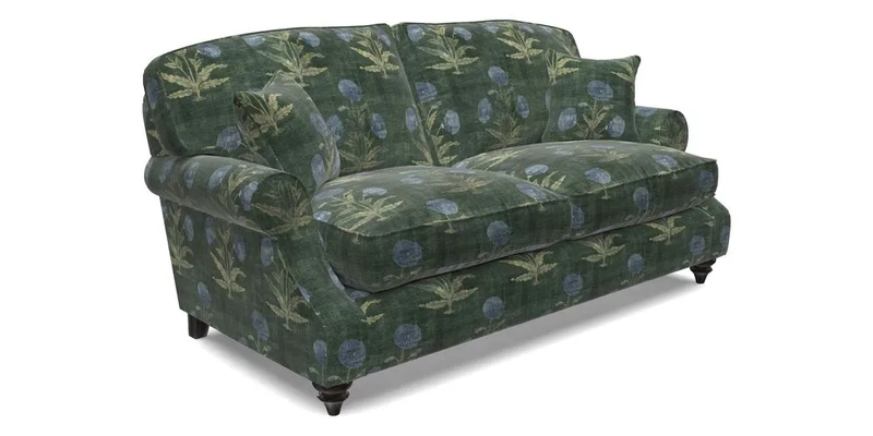 St Mawes 3 Seater Sofa in RHS Collection Gertrude Jekyll Trailing Vine Green-With-Scatters in Linwood Omega Velvet Hunter Green