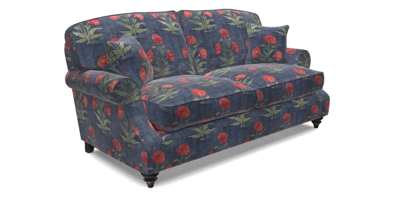 St Mawes 3 Seater Sofa in RHS Collection Gertrude Jekyll Trailing Vine Green-With-Scatters in Linwood Omega Velvet Hunter Green