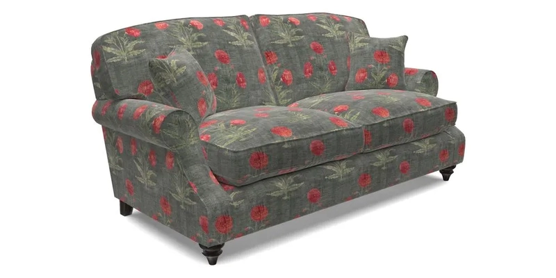 St Mawes 3 Seater Sofa in RHS Collection Gertrude Jekyll Trailing Vine Green-With-Scatters in Linwood Omega Velvet Hunter Green