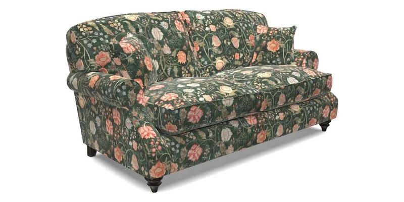St Mawes 3 Seater Sofa in RHS Collection Gertrude Jekyll Trailing Vine Green-With-Scatters in Linwood Omega Velvet Hunter Green