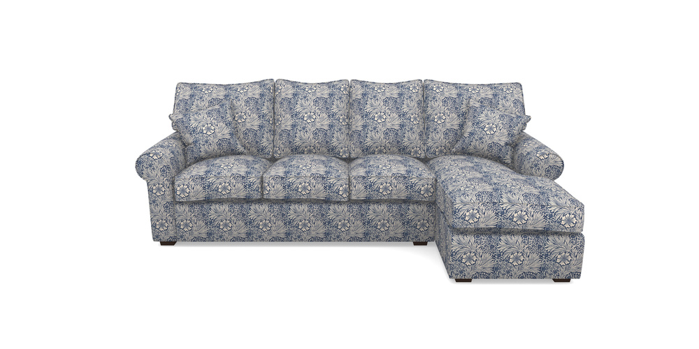 Product photograph of Upperton Rhf Chaise In William Morris Collection - Marigold - Indigo Linen from Sofas and Stuff Limited