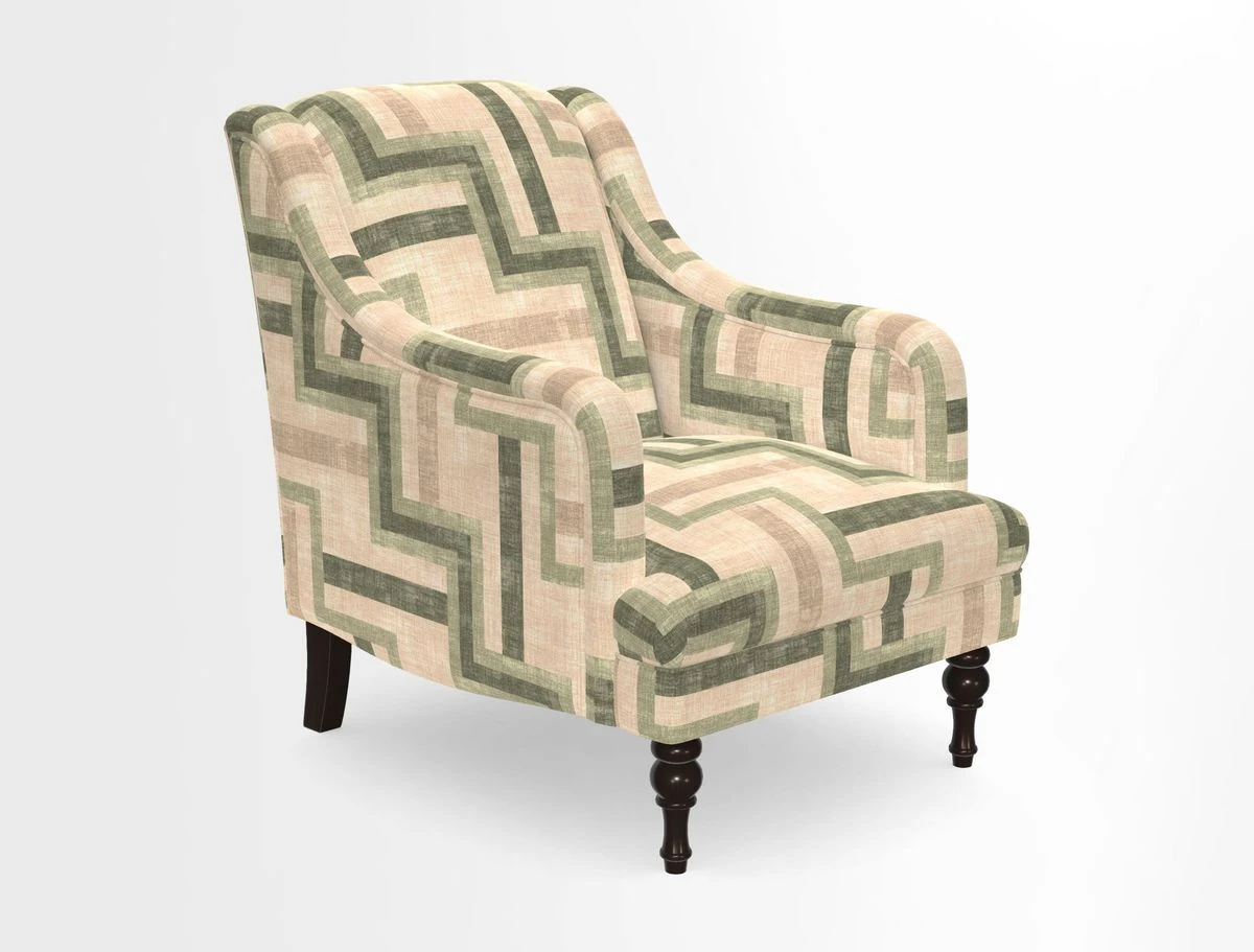 Rothermere Chair in RHS Gertrude Jekyll Ornamental Brown with Arms and Front Border in Mohair Velvet Mushroom