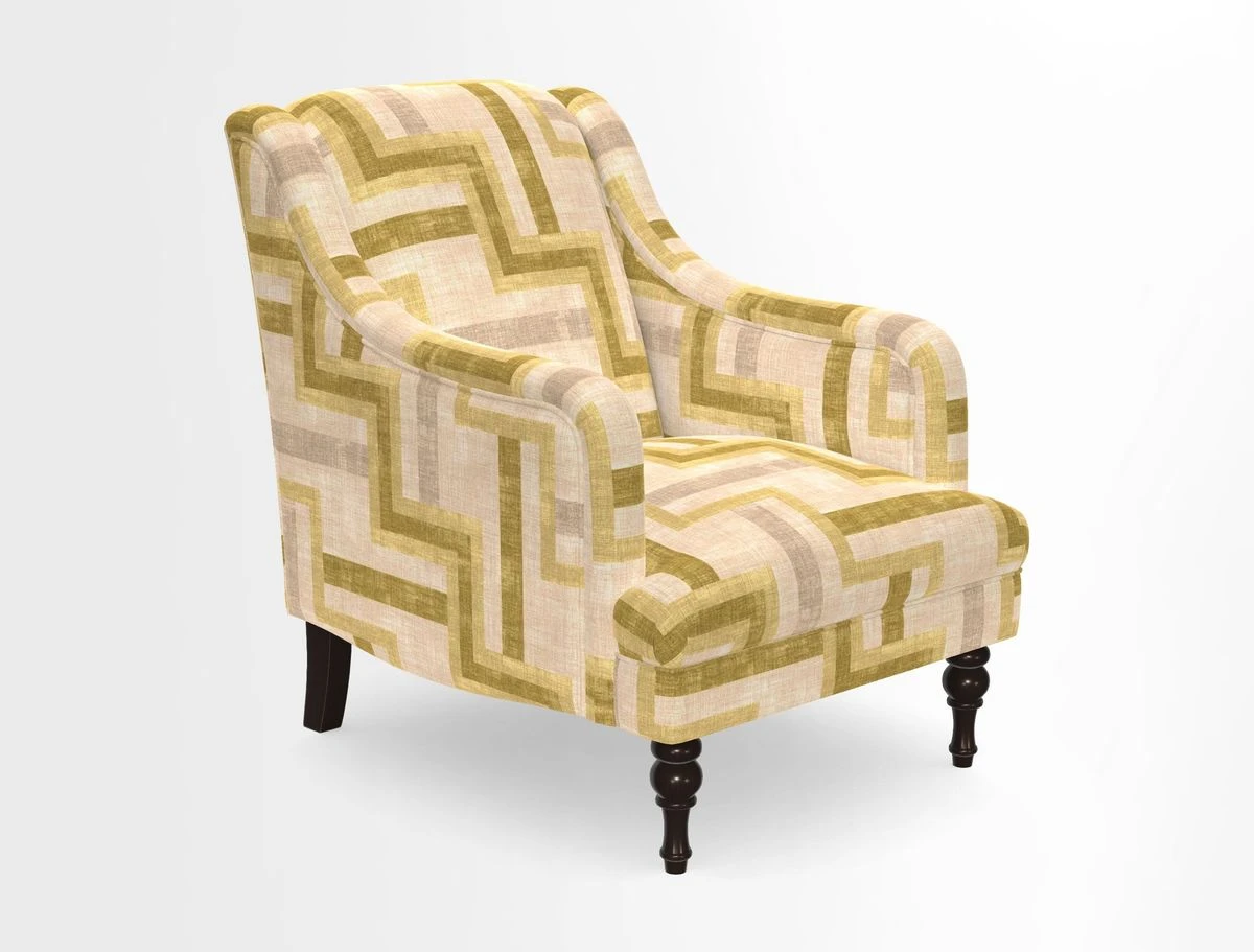 Rothermere Chair in RHS Gertrude Jekyll Ornamental Brown with Arms and Front Border in Mohair Velvet Mushroom