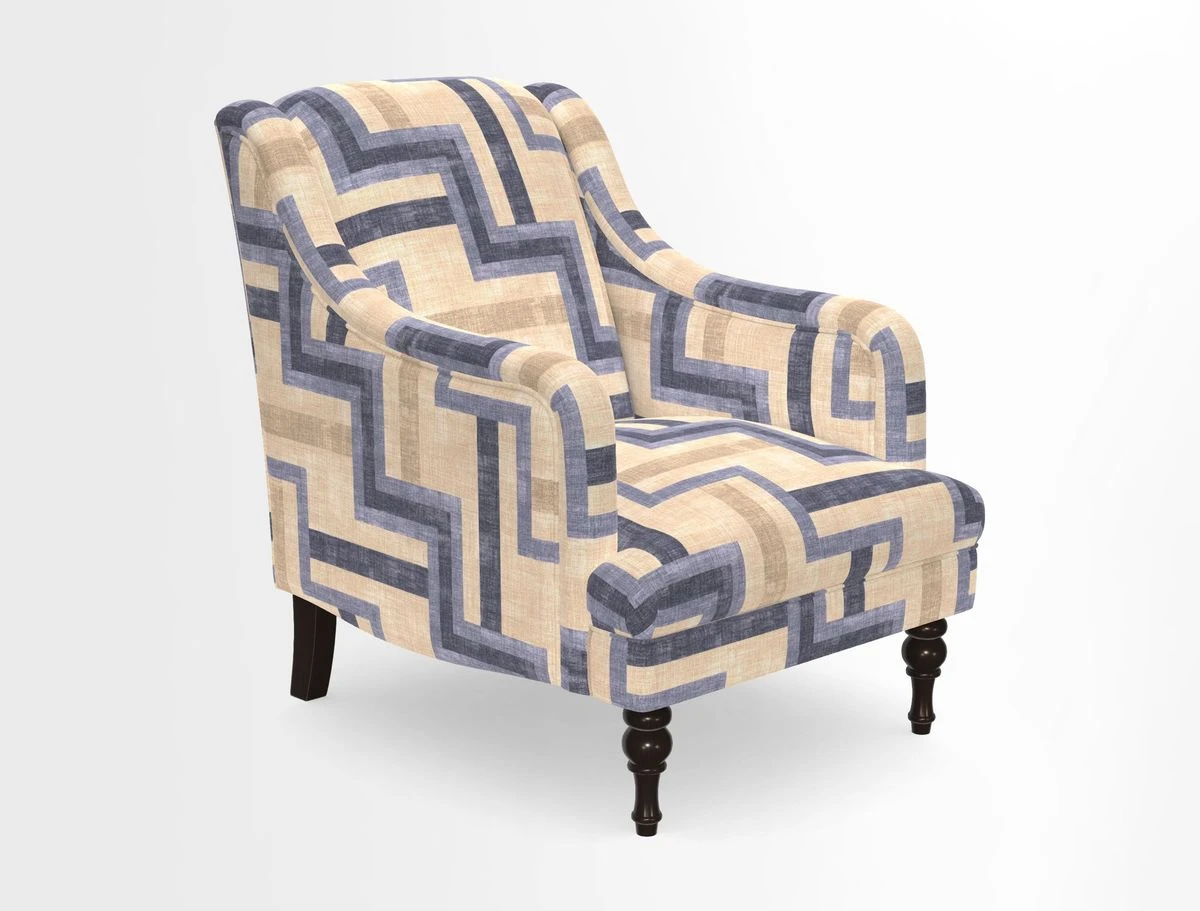 Rothermere Chair in RHS Gertrude Jekyll Ornamental Brown with Arms and Front Border in Mohair Velvet Mushroom