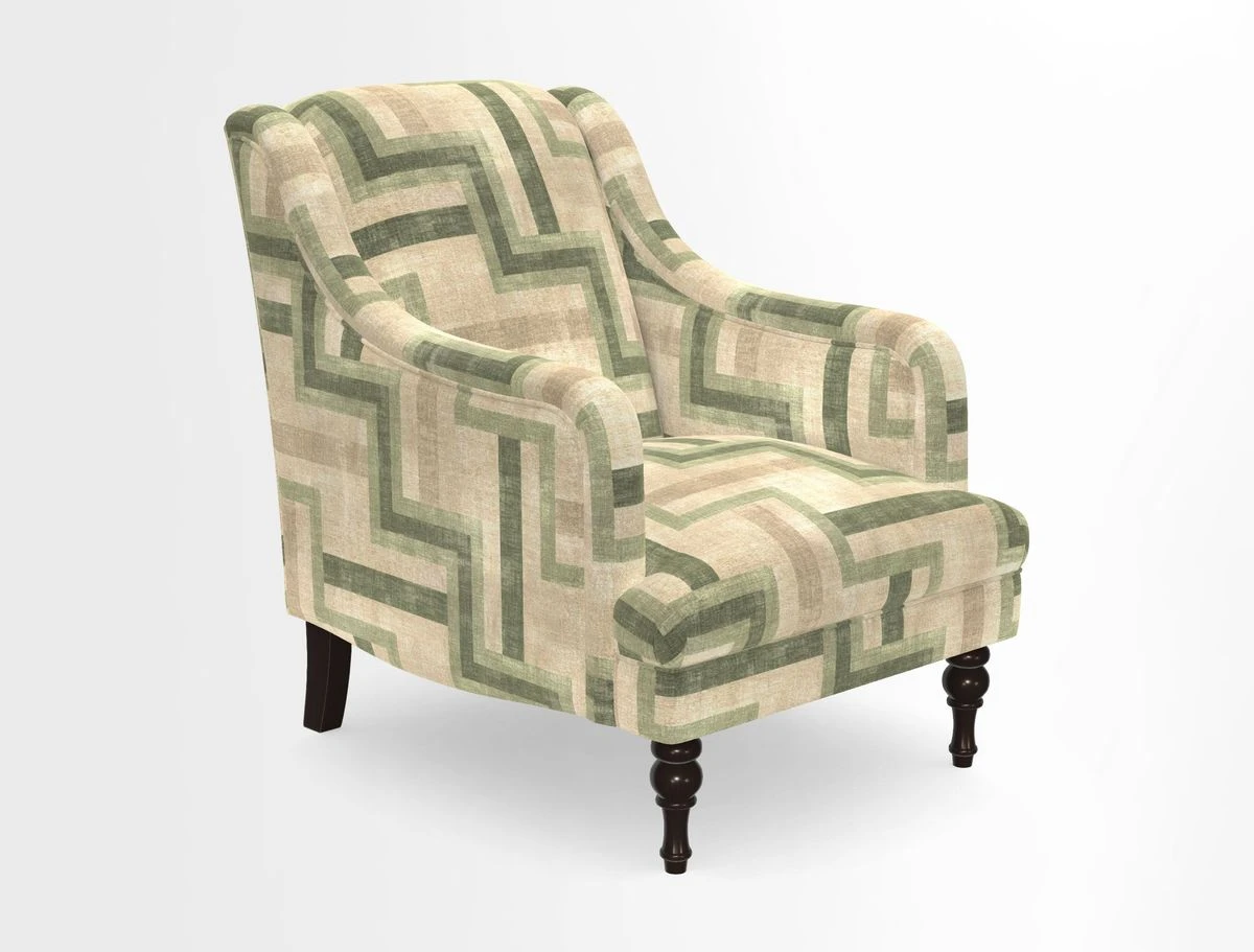 Rothermere Chair in RHS Gertrude Jekyll Ornamental Brown with Arms and Front Border in Mohair Velvet Mushroom