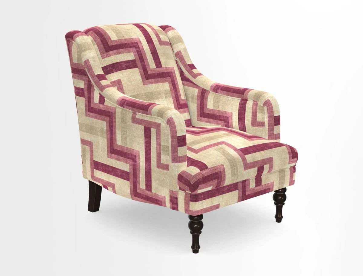 Rothermere Chair in RHS Gertrude Jekyll Ornamental Brown with Arms and Front Border in Mohair Velvet Mushroom