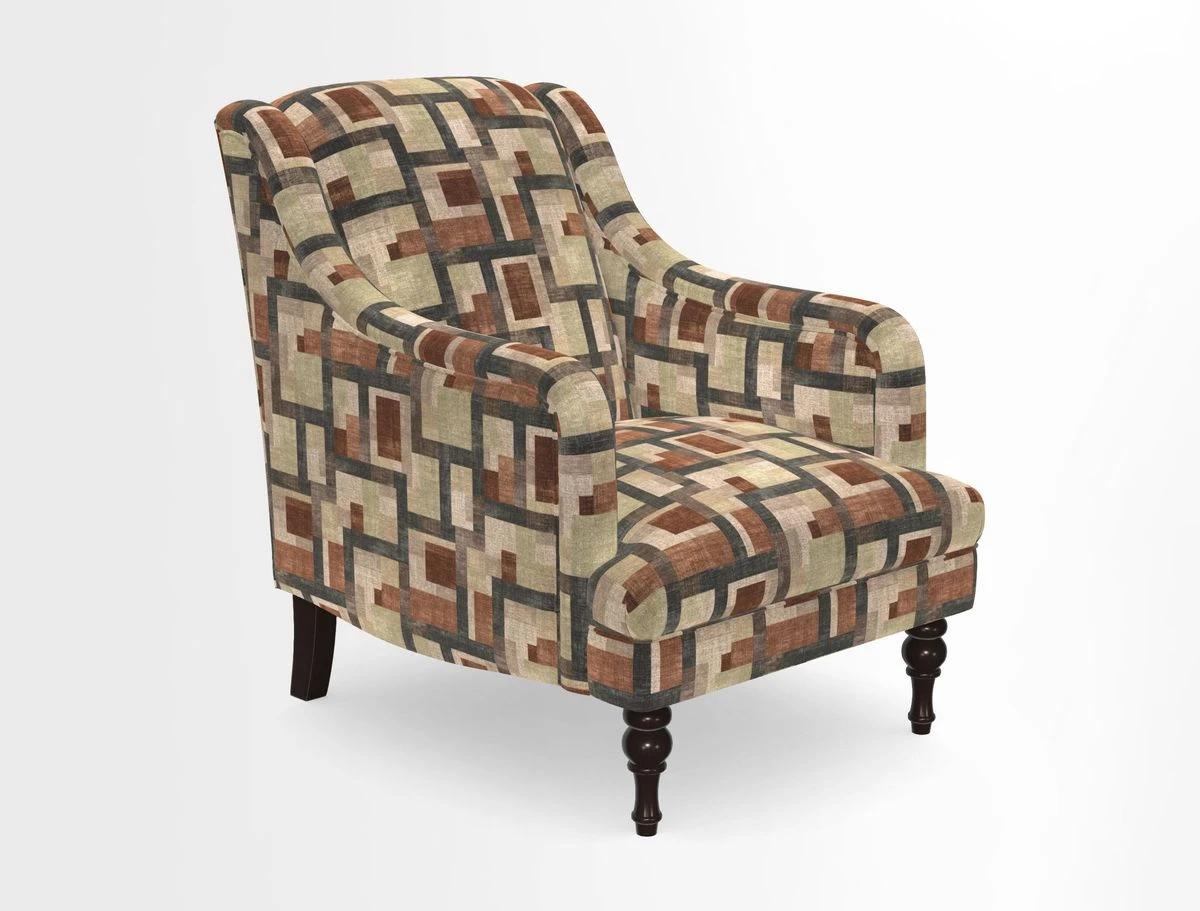Rothermere Chair in RHS Gertrude Jekyll Ornamental Brown with Arms and Front Border in Mohair Velvet Mushroom