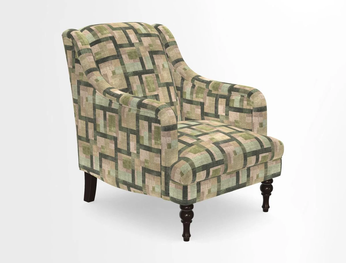 Rothermere Chair in RHS Gertrude Jekyll Ornamental Brown with Arms and Front Border in Mohair Velvet Mushroom