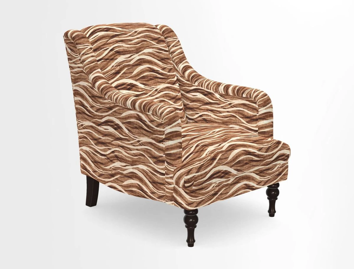 Rothermere Chair in RHS Gertrude Jekyll Ornamental Brown with Arms and Front Border in Mohair Velvet Mushroom