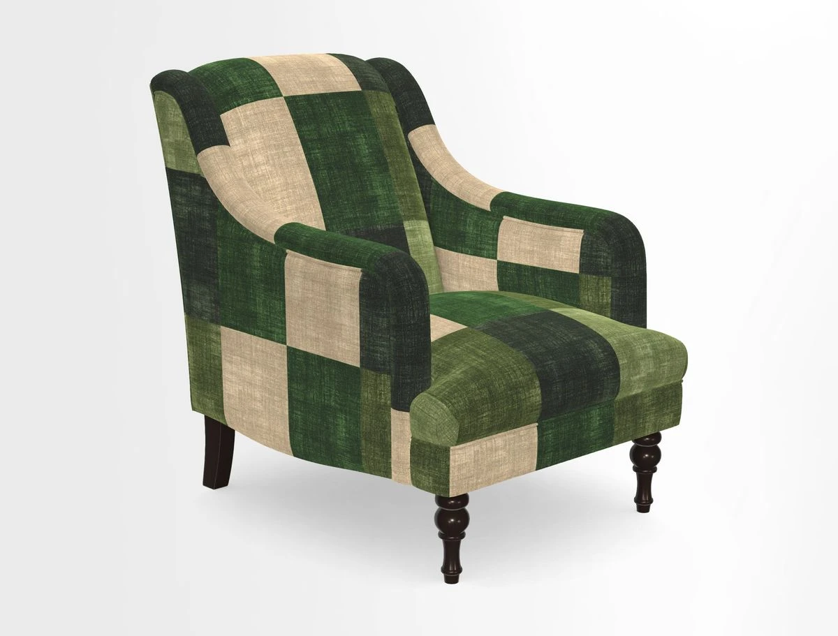 Rothermere Chair in RHS Gertrude Jekyll Ornamental Brown with Arms and Front Border in Mohair Velvet Mushroom