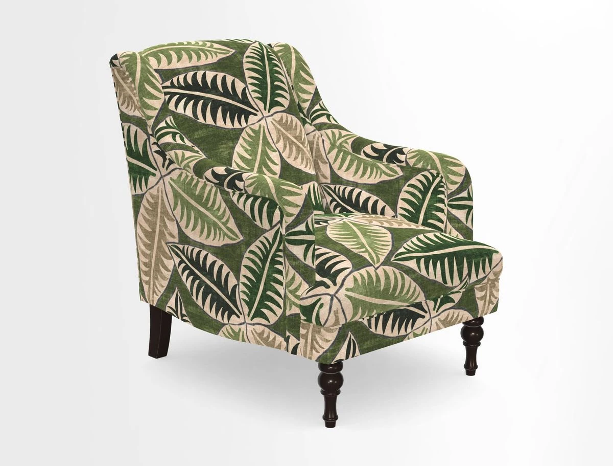 Rothermere Chair in RHS Gertrude Jekyll Ornamental Brown with Arms and Front Border in Mohair Velvet Mushroom