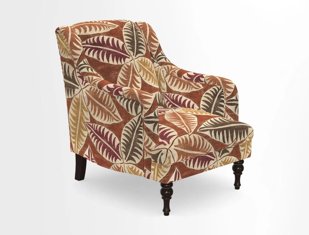 Rothermere Chair in RHS Gertrude Jekyll Ornamental Brown with Arms and Front Border in Mohair Velvet Mushroom