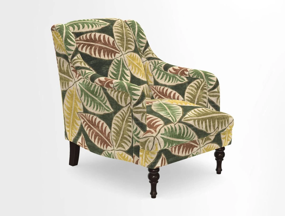 Rothermere Chair in RHS Gertrude Jekyll Ornamental Brown with Arms and Front Border in Mohair Velvet Mushroom