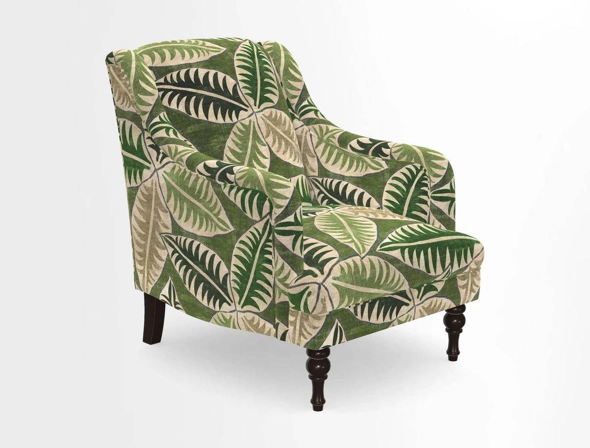 Rothermere Chair in RHS Gertrude Jekyll Ornamental Brown with Arms and Front Border in Mohair Velvet Mushroom