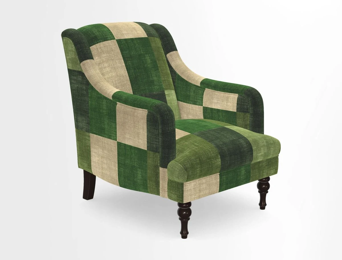 Rothermere Chair in RHS Gertrude Jekyll Ornamental Brown with Arms and Front Border in Mohair Velvet Mushroom