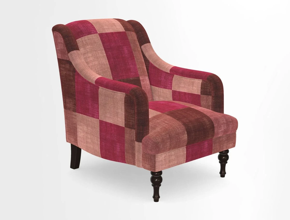 Rothermere Chair in RHS Gertrude Jekyll Ornamental Brown with Arms and Front Border in Mohair Velvet Mushroom