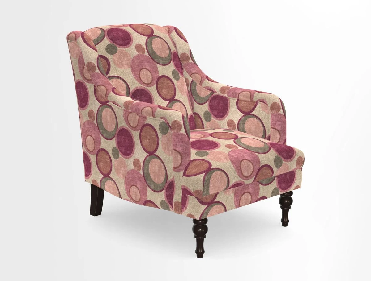 Rothermere Chair in RHS Gertrude Jekyll Ornamental Brown with Arms and Front Border in Mohair Velvet Mushroom