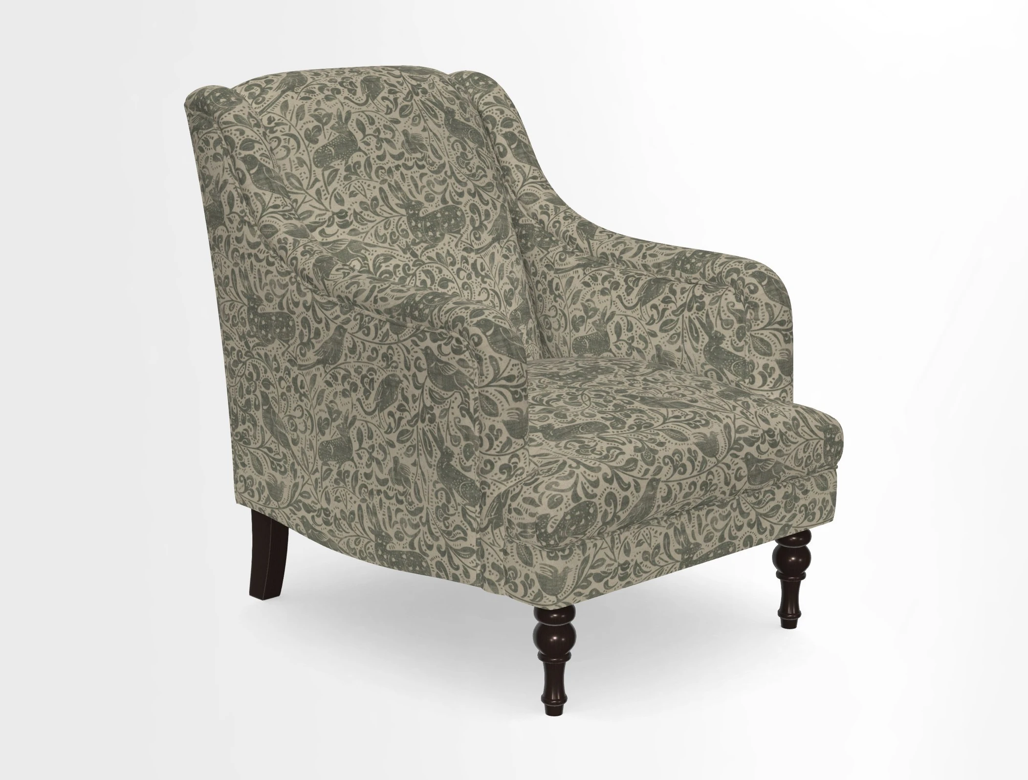 Rothermere Chair in RHS Gertrude Jekyll Ornamental Brown with Arms and Front Border in Mohair Velvet Mushroom