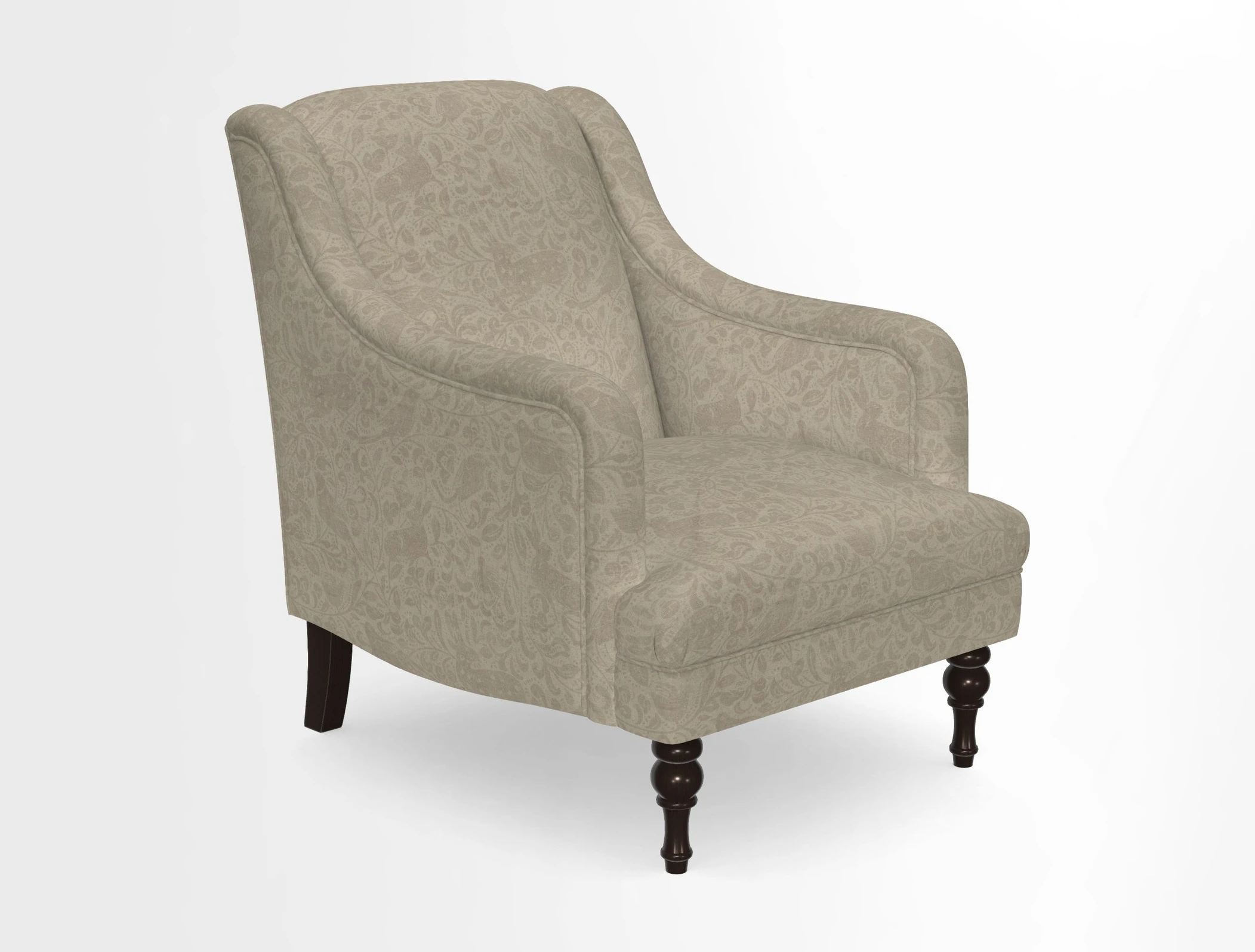 Rothermere Chair in RHS Gertrude Jekyll Ornamental Brown with Arms and Front Border in Mohair Velvet Mushroom