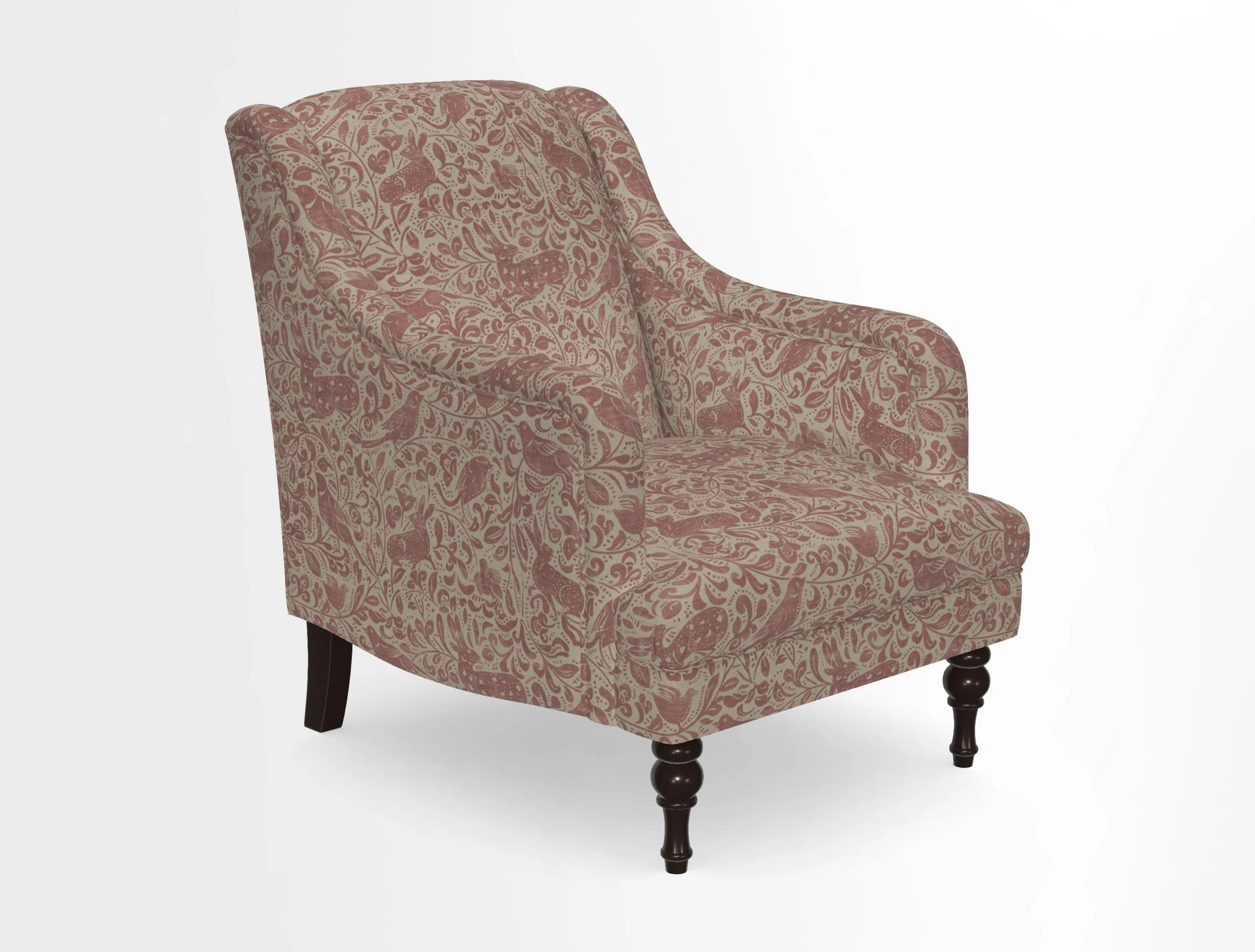 Rothermere Chair in RHS Gertrude Jekyll Ornamental Brown with Arms and Front Border in Mohair Velvet Mushroom