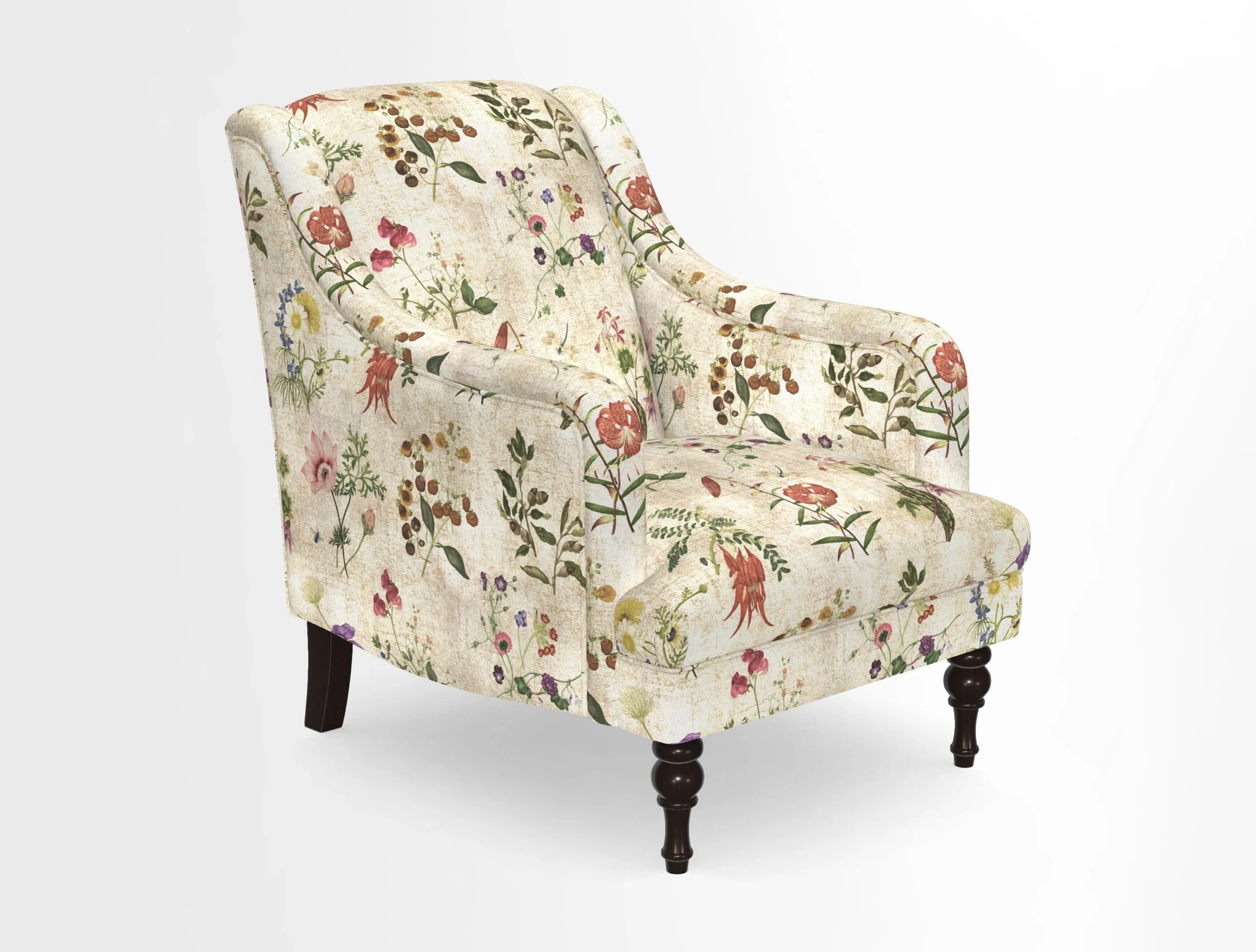 Rothermere Chair in RHS Gertrude Jekyll Ornamental Brown with Arms and Front Border in Mohair Velvet Mushroom