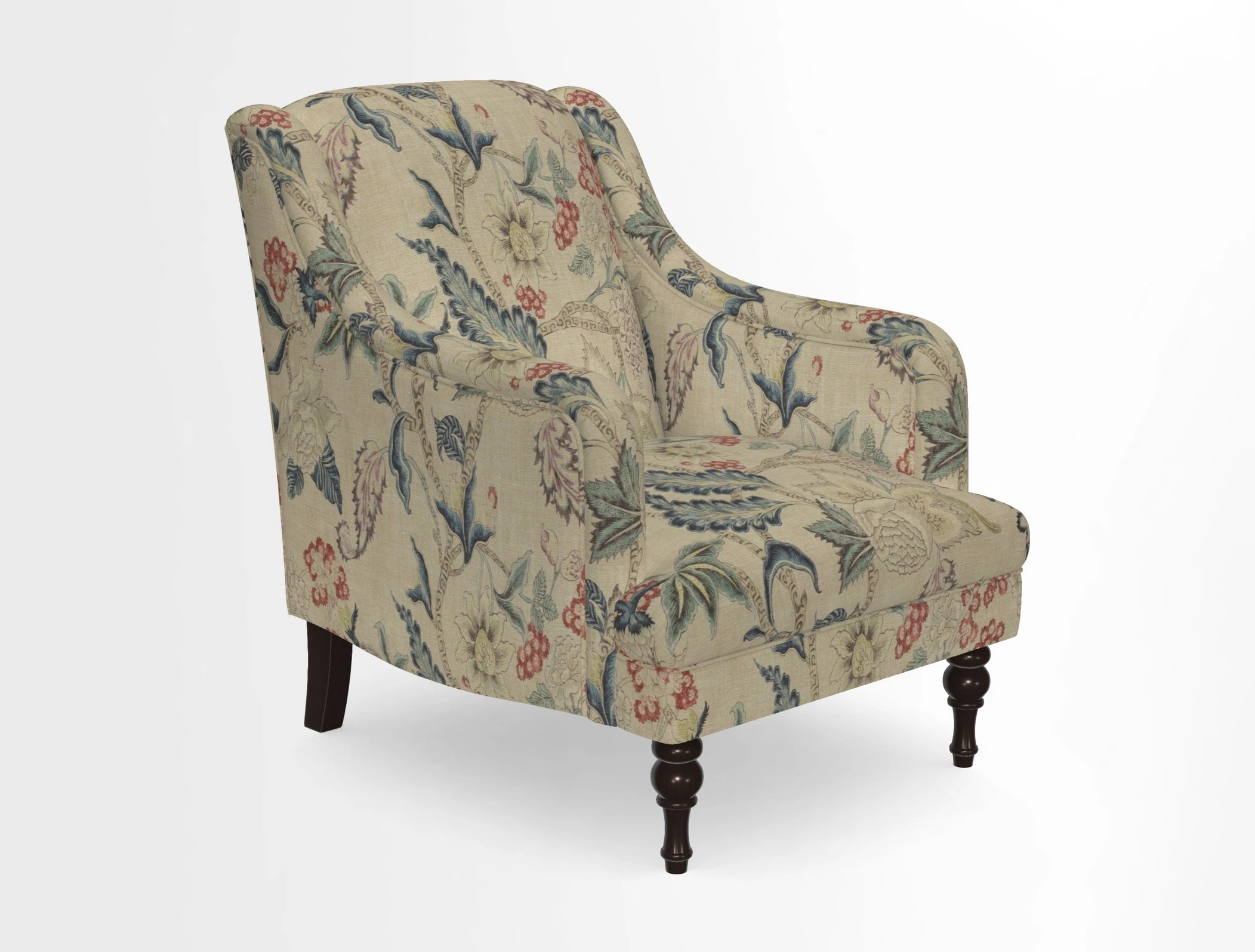 Rothermere Chair in RHS Gertrude Jekyll Ornamental Brown with Arms and Front Border in Mohair Velvet Mushroom