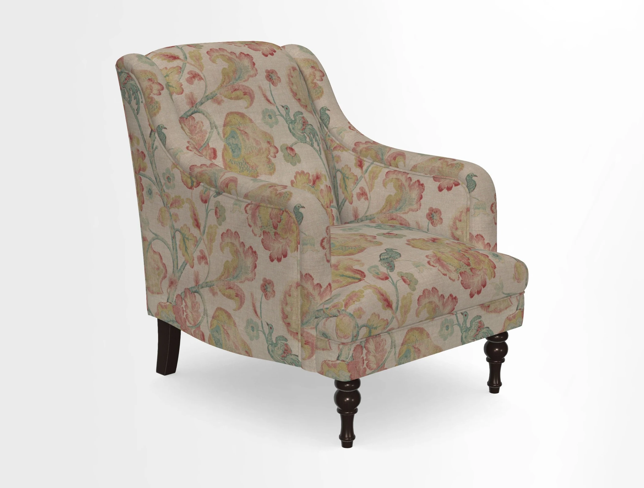 Rothermere Chair in RHS Gertrude Jekyll Ornamental Brown with Arms and Front Border in Mohair Velvet Mushroom