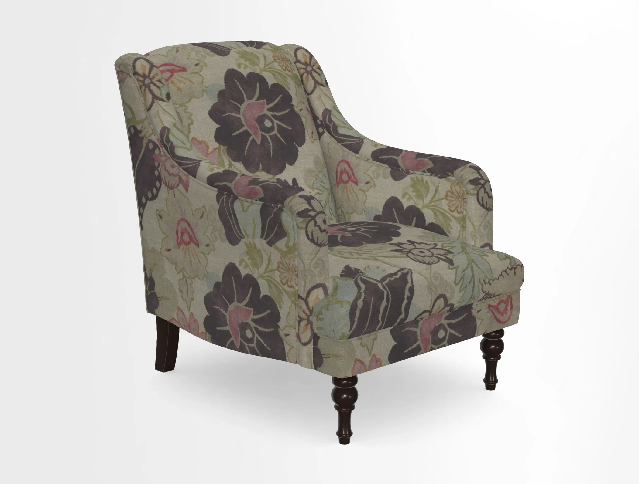 Rothermere Chair in RHS Gertrude Jekyll Ornamental Brown with Arms and Front Border in Mohair Velvet Mushroom