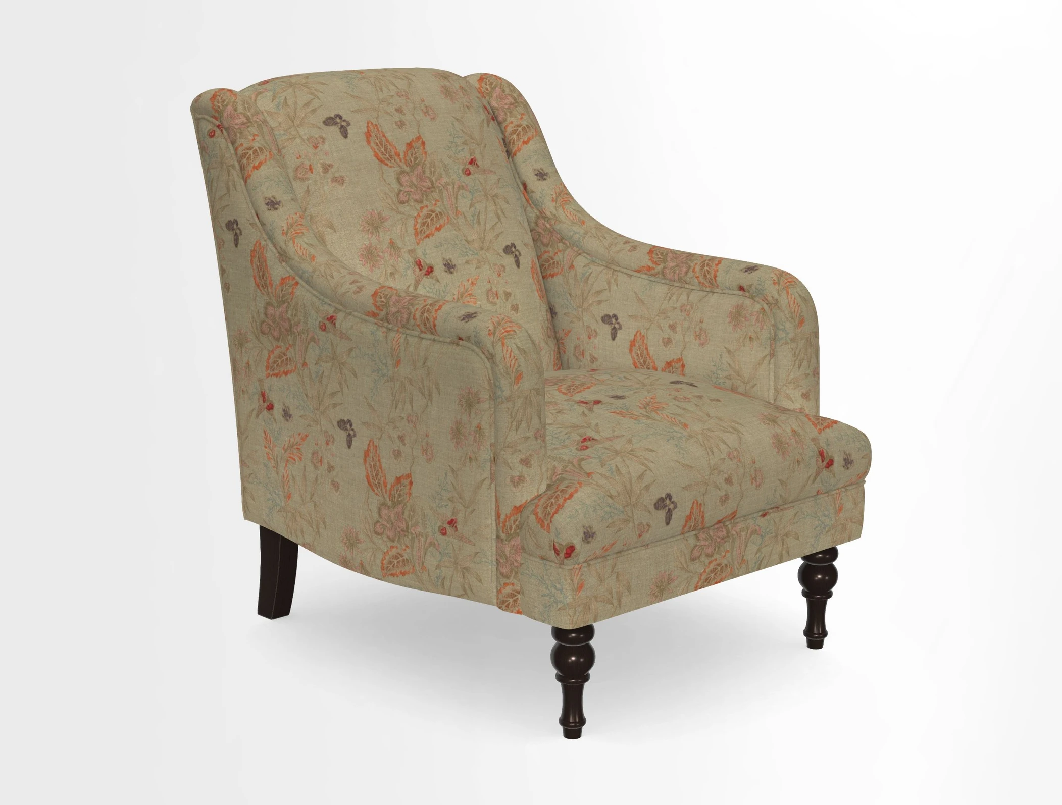 Rothermere Chair in RHS Gertrude Jekyll Ornamental Brown with Arms and Front Border in Mohair Velvet Mushroom
