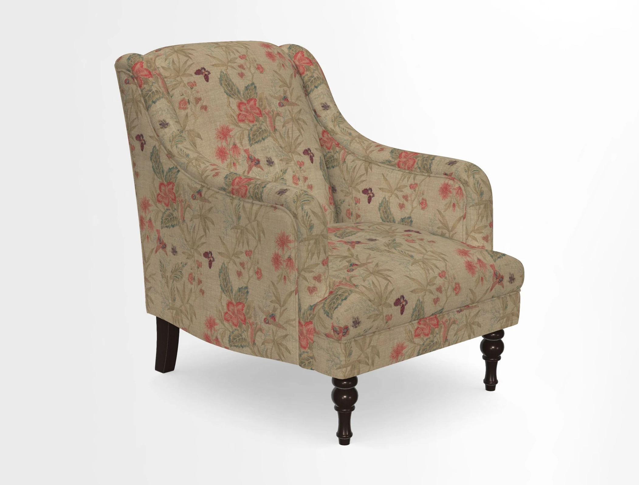 Rothermere Chair in RHS Gertrude Jekyll Ornamental Brown with Arms and Front Border in Mohair Velvet Mushroom