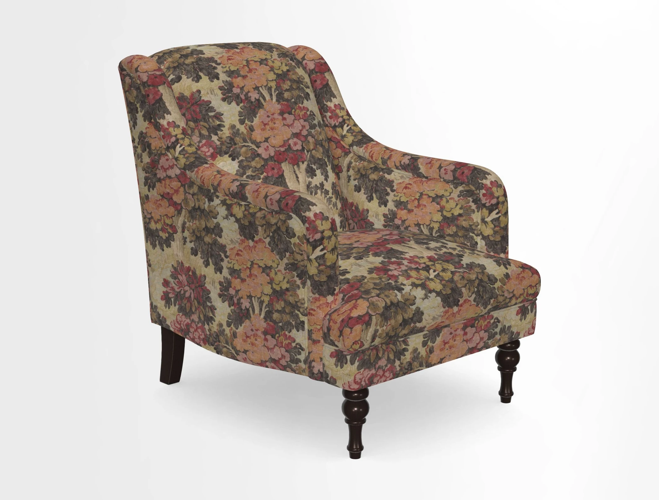 Rothermere Chair in RHS Gertrude Jekyll Ornamental Brown with Arms and Front Border in Mohair Velvet Mushroom