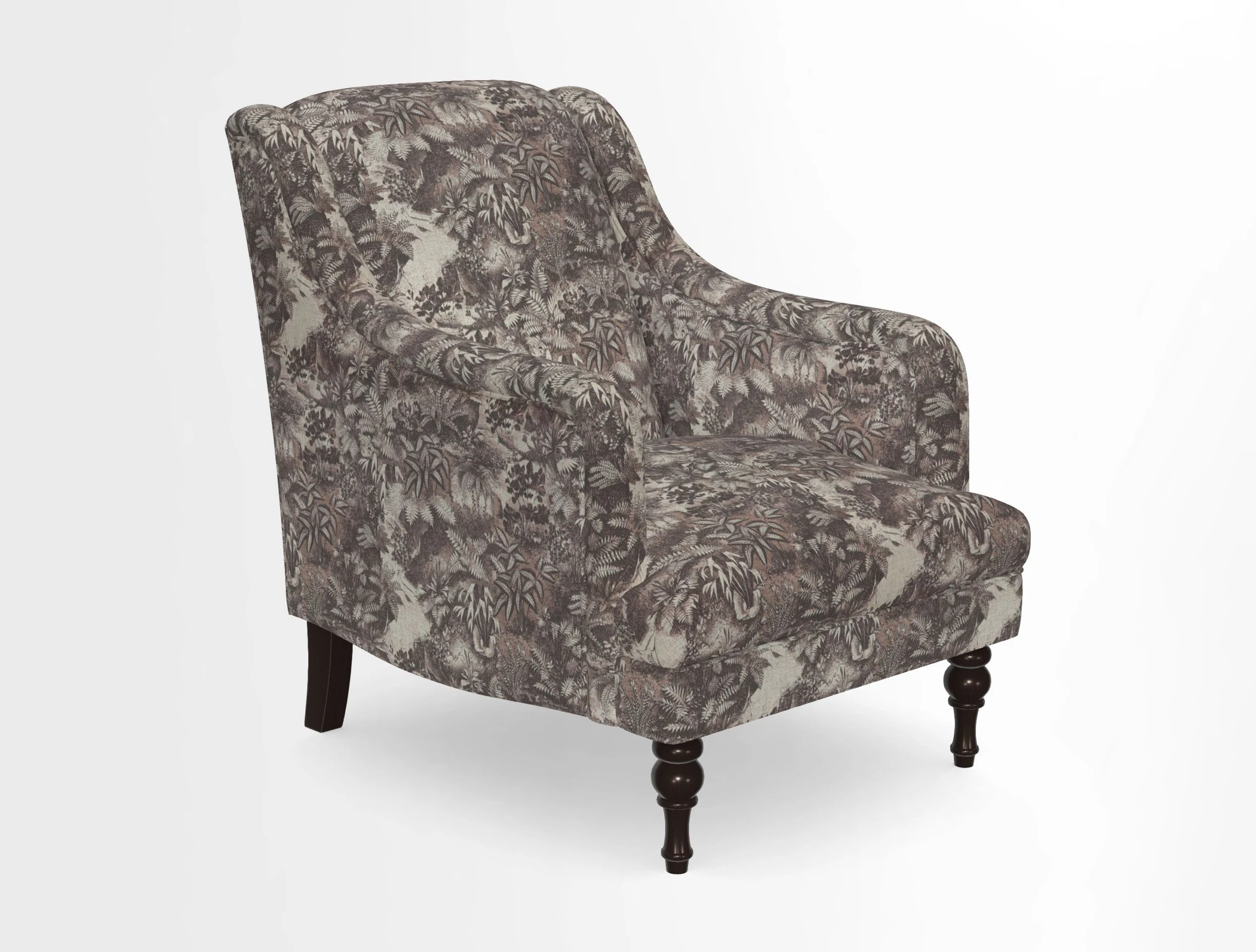 Rothermere Chair in RHS Gertrude Jekyll Ornamental Brown with Arms and Front Border in Mohair Velvet Mushroom
