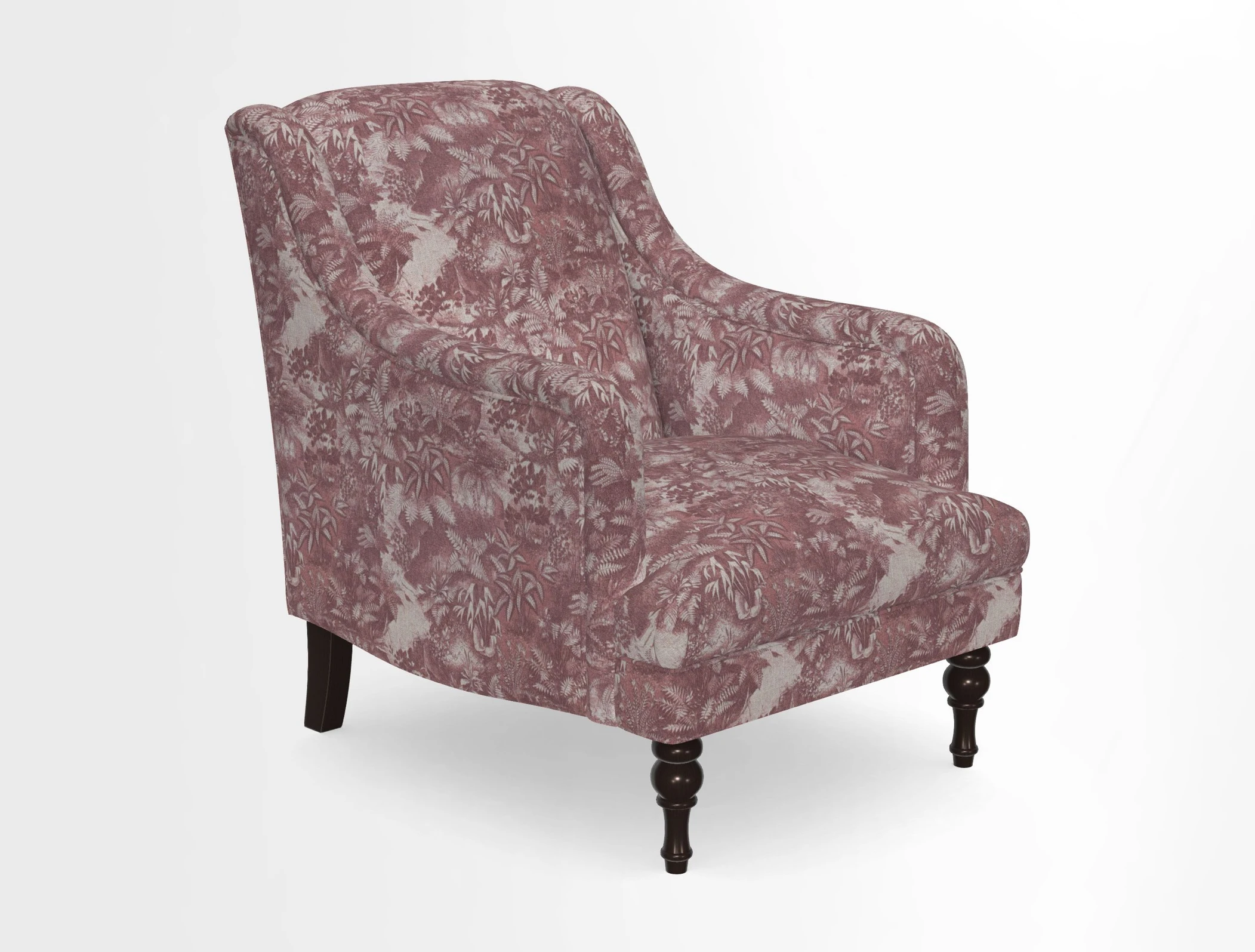 Rothermere Chair in RHS Gertrude Jekyll Ornamental Brown with Arms and Front Border in Mohair Velvet Mushroom