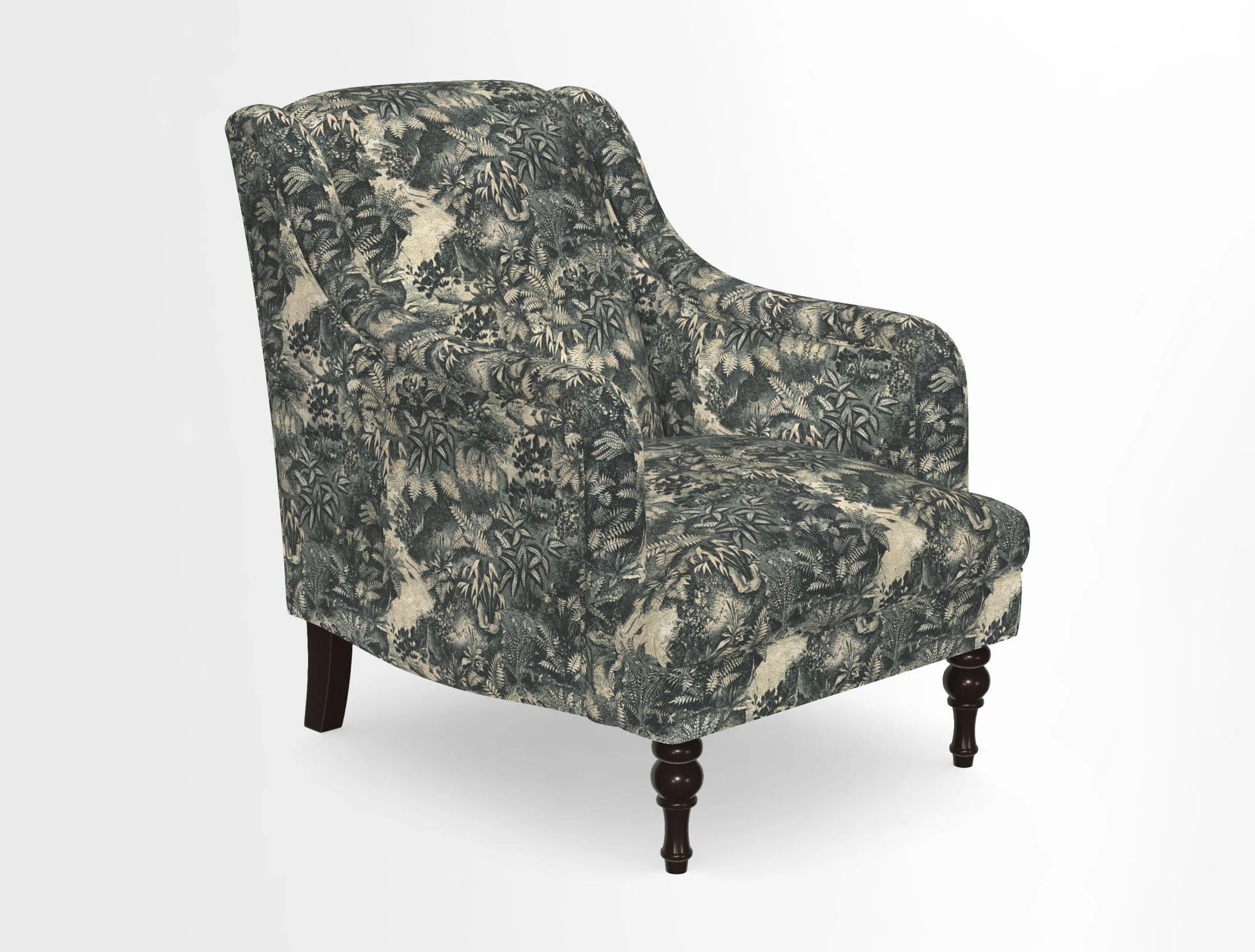 Rothermere Chair in RHS Gertrude Jekyll Ornamental Brown with Arms and Front Border in Mohair Velvet Mushroom