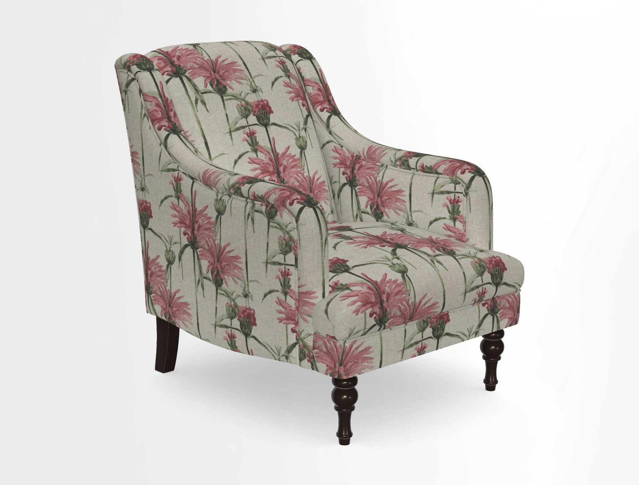 Rothermere Chair in RHS Gertrude Jekyll Ornamental Brown with Arms and Front Border in Mohair Velvet Mushroom