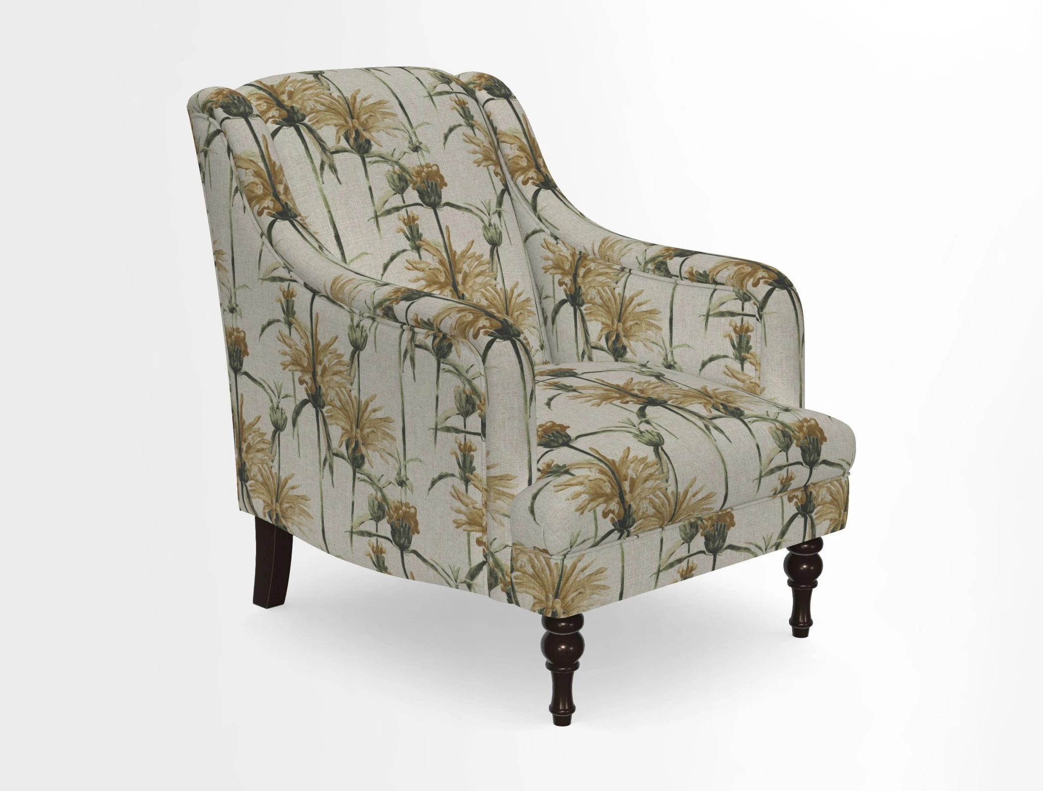 Rothermere Chair in RHS Gertrude Jekyll Ornamental Brown with Arms and Front Border in Mohair Velvet Mushroom