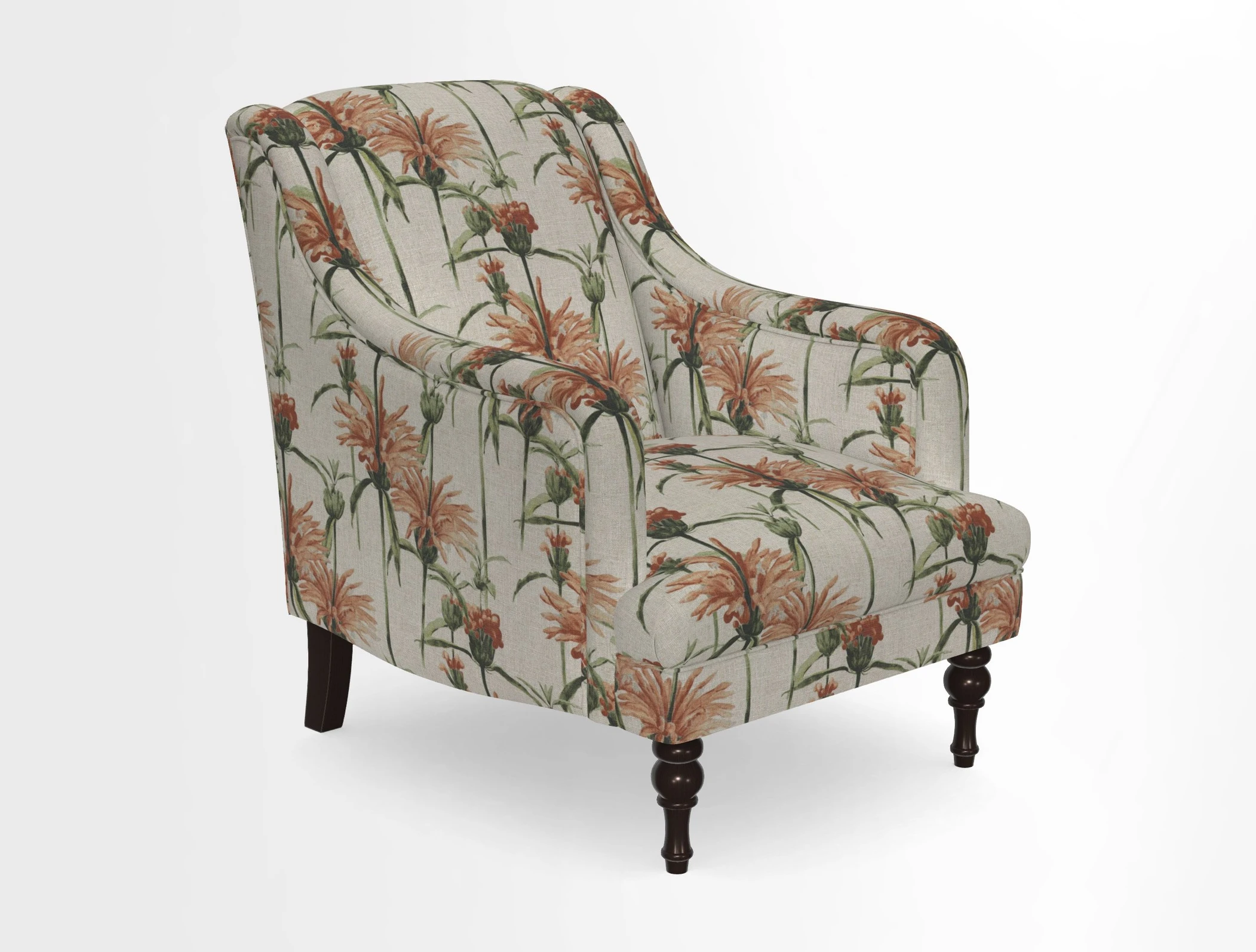 Rothermere Chair in RHS Gertrude Jekyll Ornamental Brown with Arms and Front Border in Mohair Velvet Mushroom