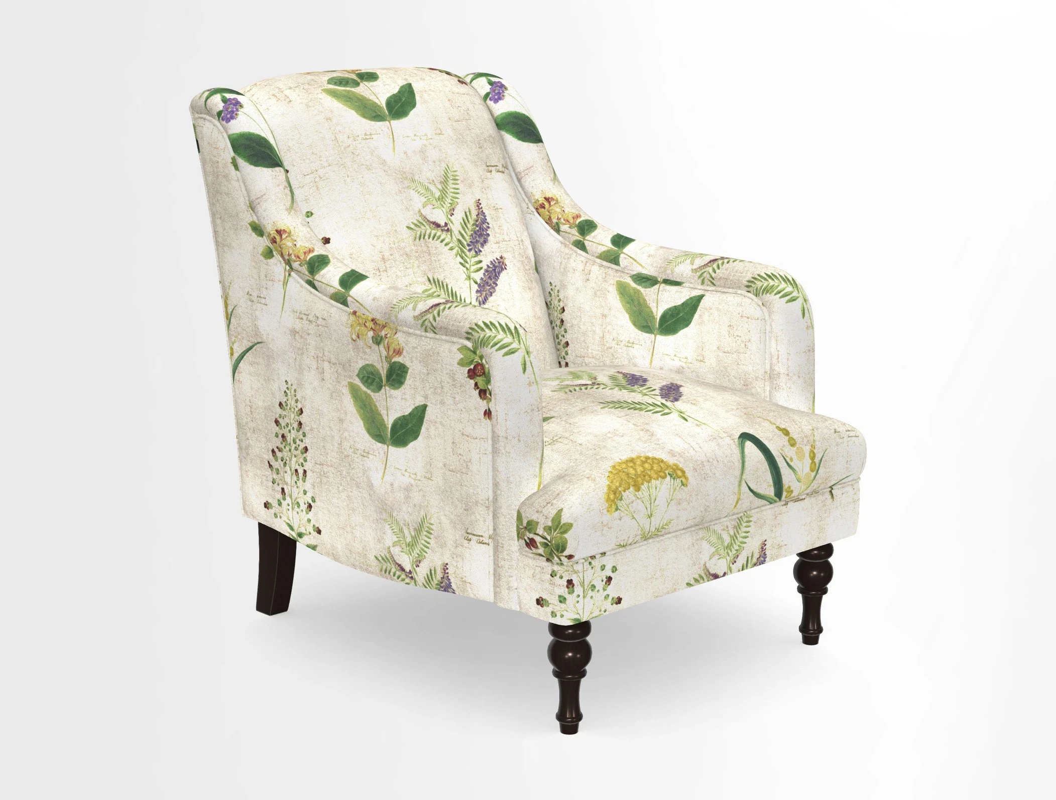 Rothermere Chair in RHS Gertrude Jekyll Ornamental Brown with Arms and Front Border in Mohair Velvet Mushroom