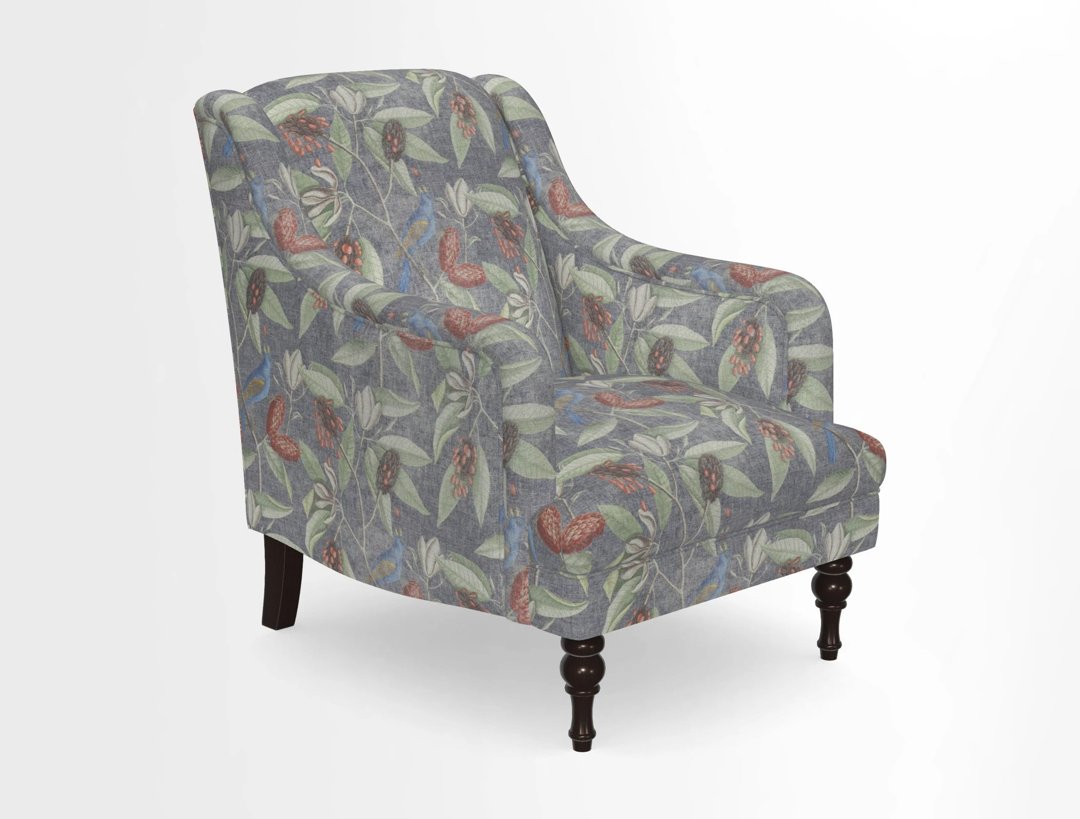 Rothermere Chair in RHS Gertrude Jekyll Ornamental Brown with Arms and Front Border in Mohair Velvet Mushroom