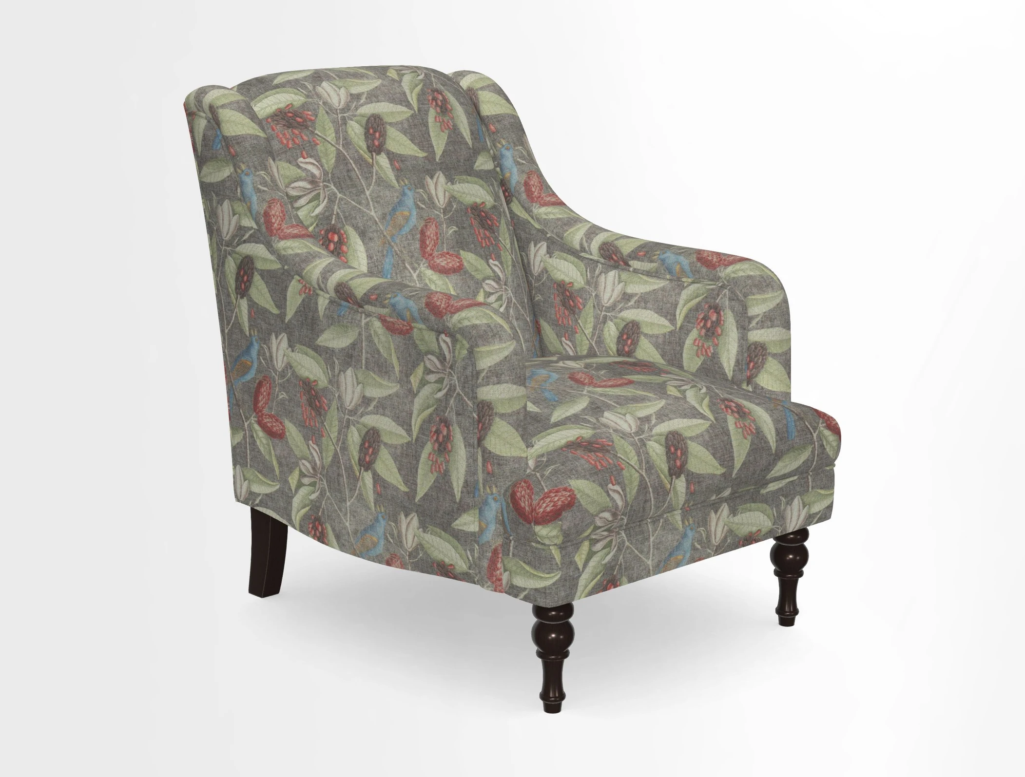 Rothermere Chair in RHS Gertrude Jekyll Ornamental Brown with Arms and Front Border in Mohair Velvet Mushroom
