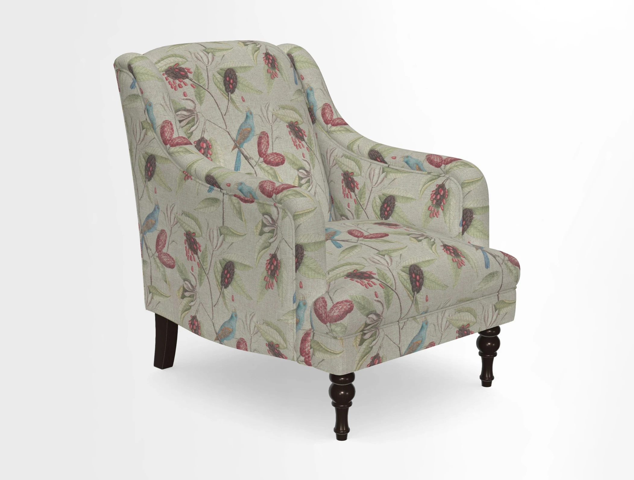 Rothermere Chair in RHS Gertrude Jekyll Ornamental Brown with Arms and Front Border in Mohair Velvet Mushroom