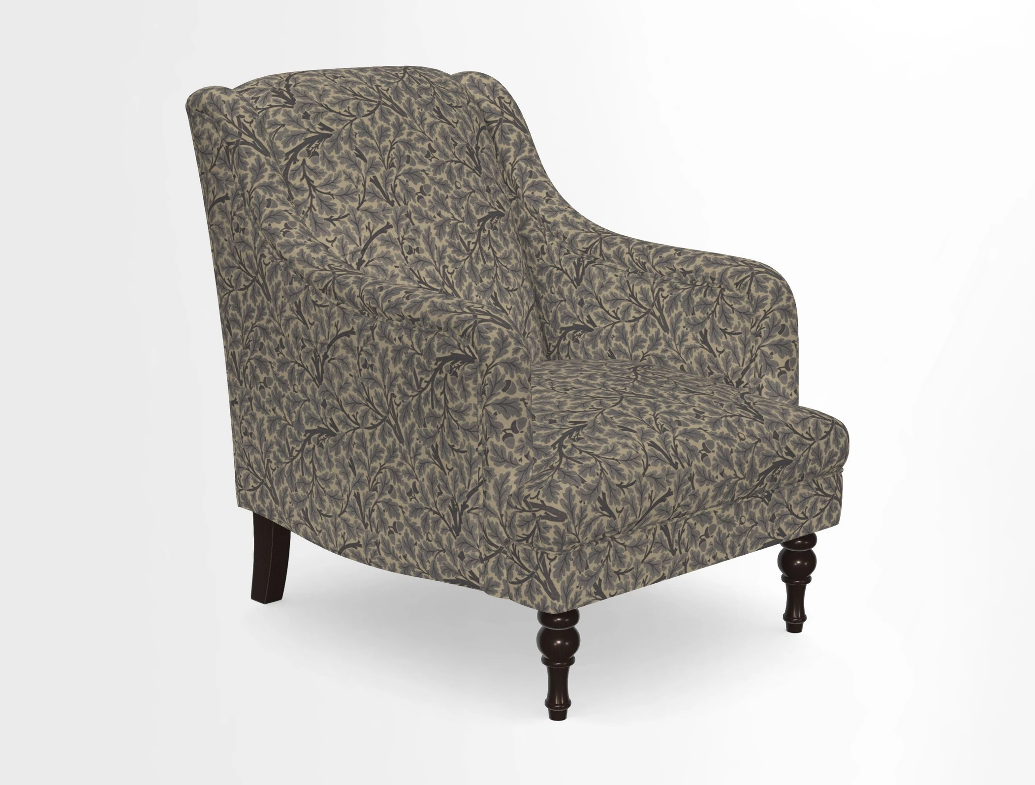 Rothermere Chair in RHS Gertrude Jekyll Ornamental Brown with Arms and Front Border in Mohair Velvet Mushroom