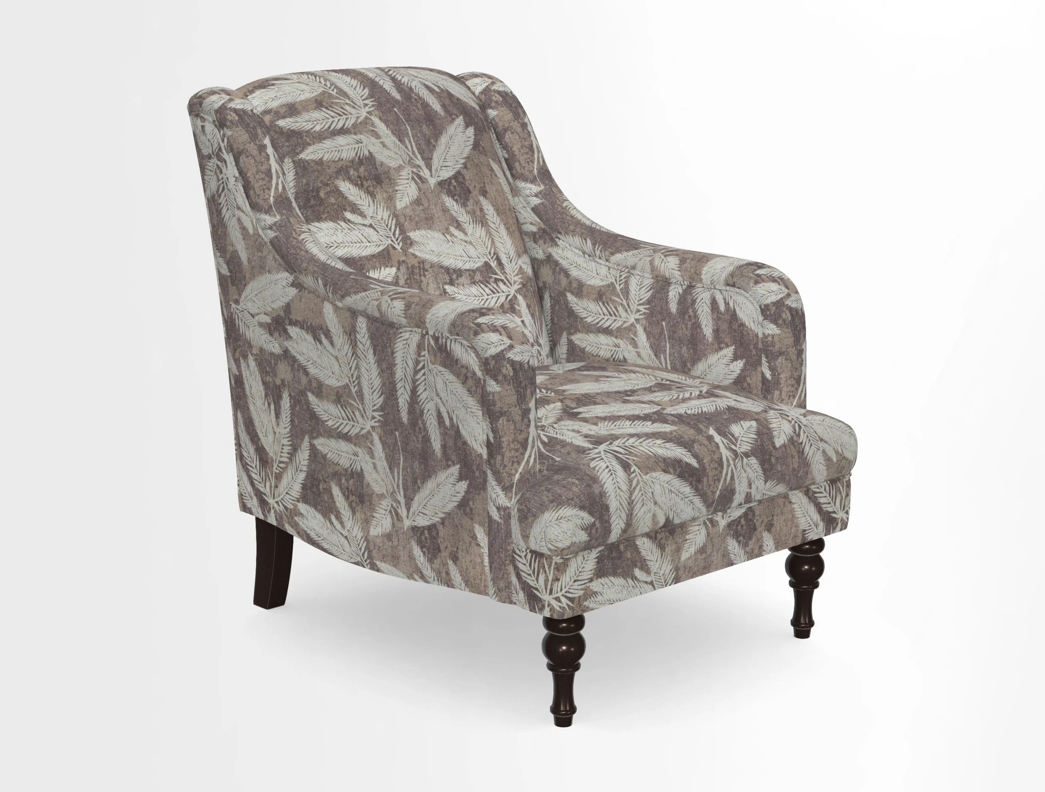 Rothermere Chair in RHS Gertrude Jekyll Ornamental Brown with Arms and Front Border in Mohair Velvet Mushroom