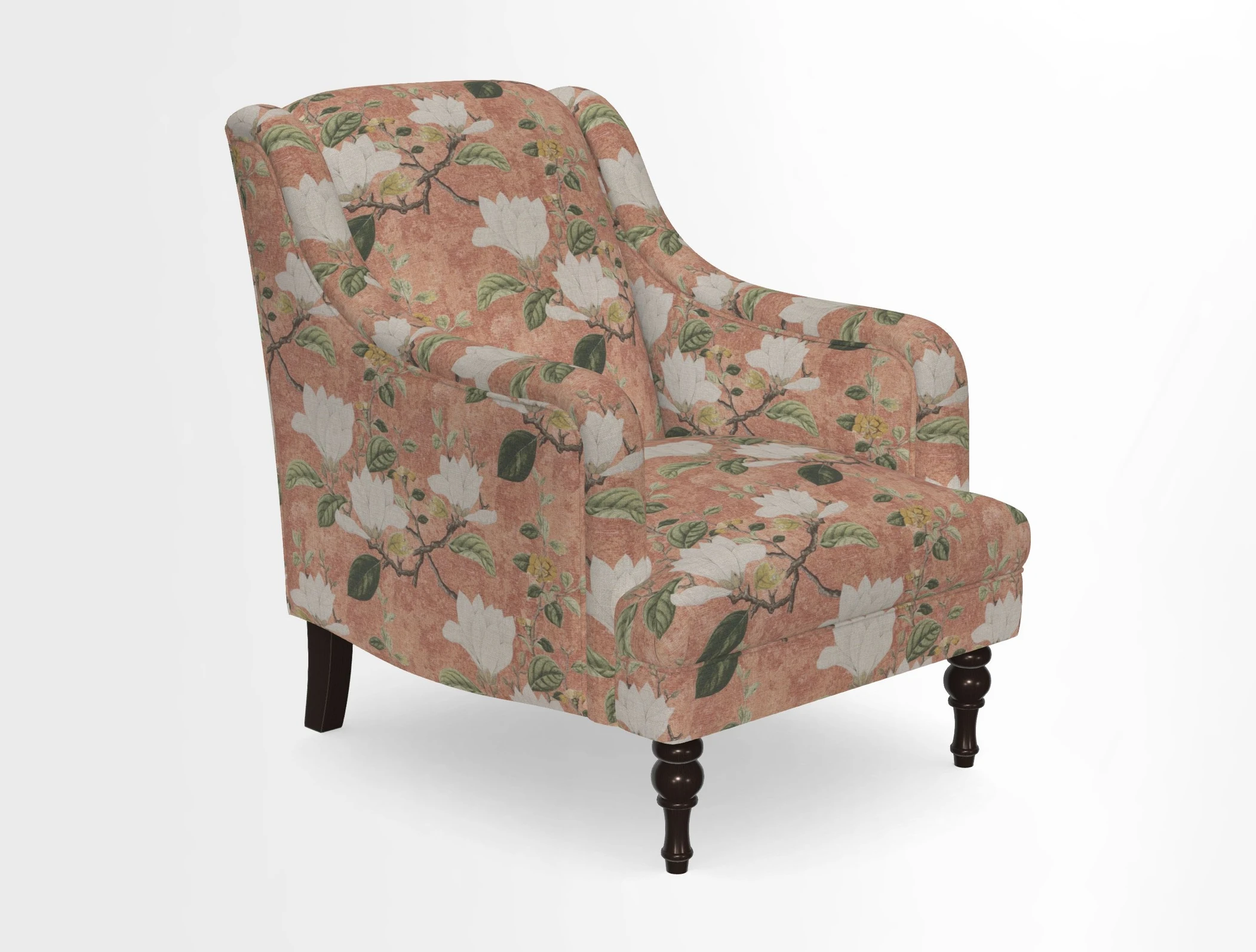 Rothermere Chair in RHS Gertrude Jekyll Ornamental Brown with Arms and Front Border in Mohair Velvet Mushroom