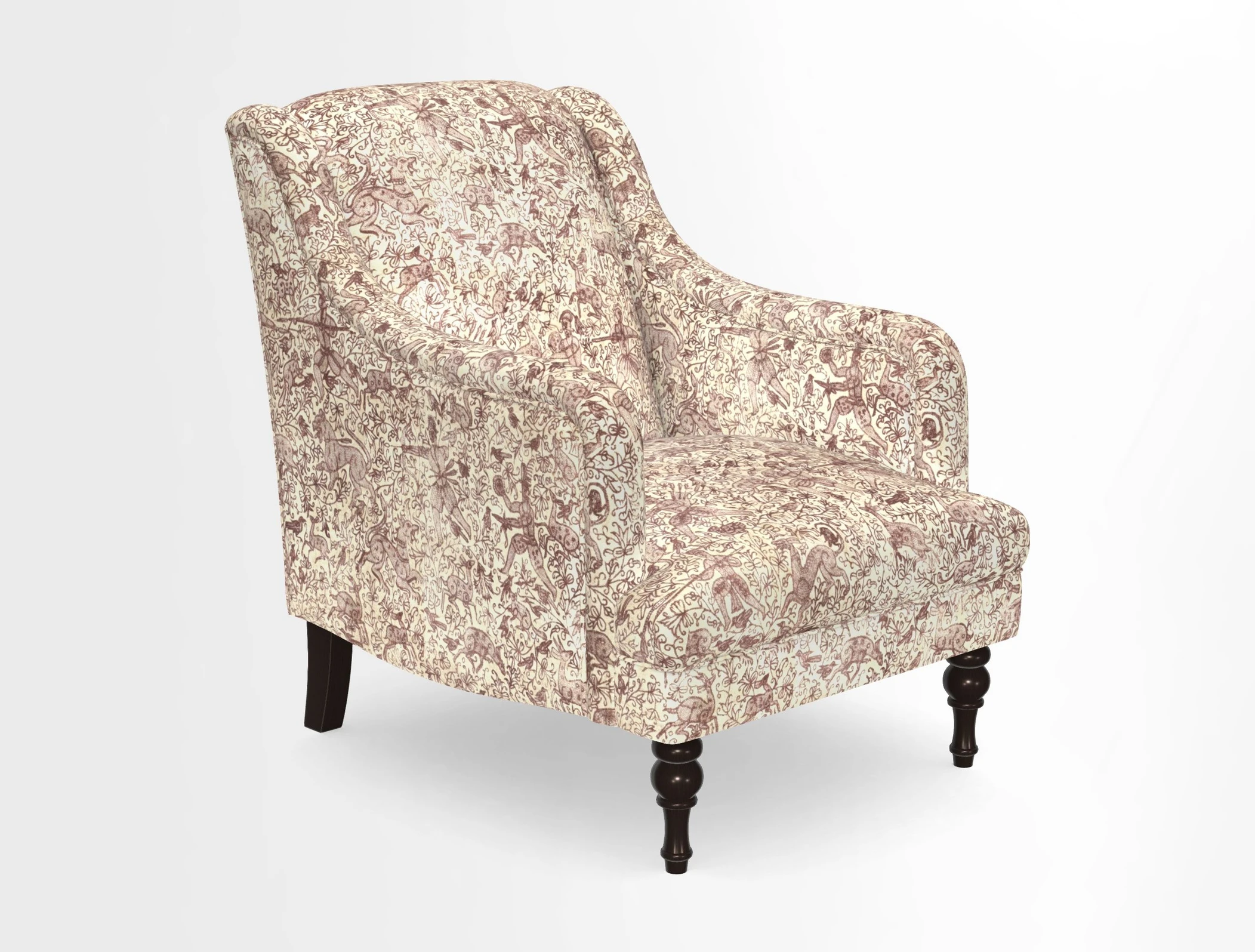 Rothermere Chair in RHS Gertrude Jekyll Ornamental Brown with Arms and Front Border in Mohair Velvet Mushroom