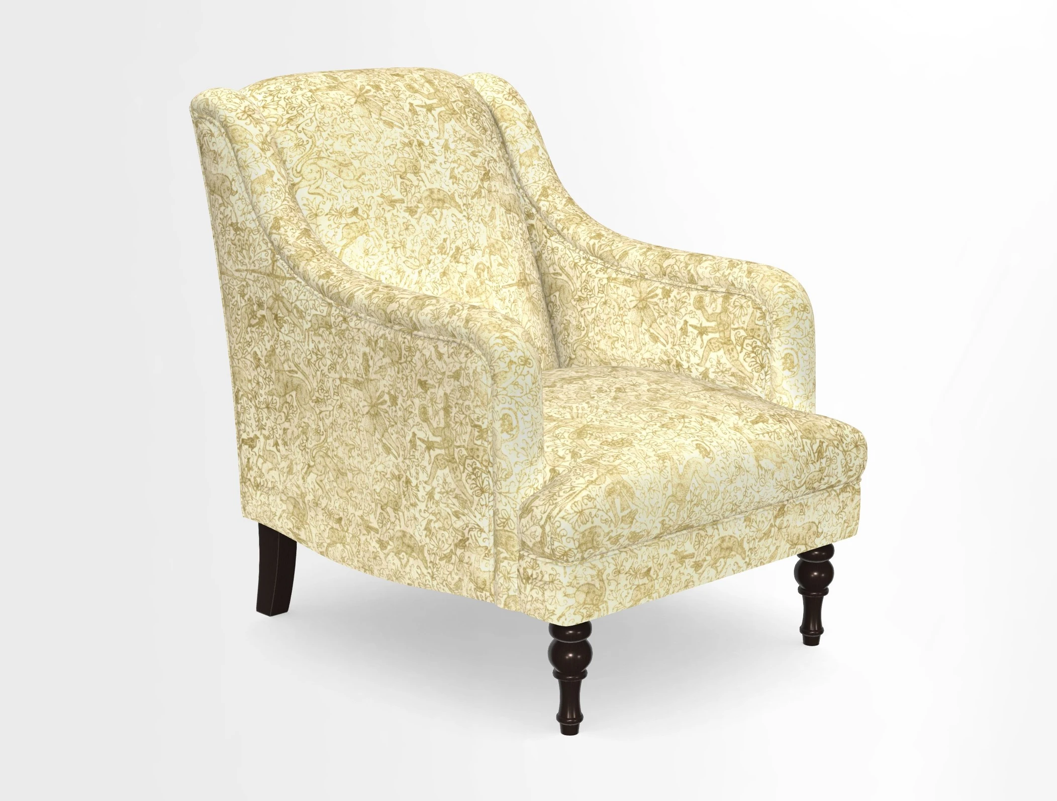 Rothermere Chair in RHS Gertrude Jekyll Ornamental Brown with Arms and Front Border in Mohair Velvet Mushroom