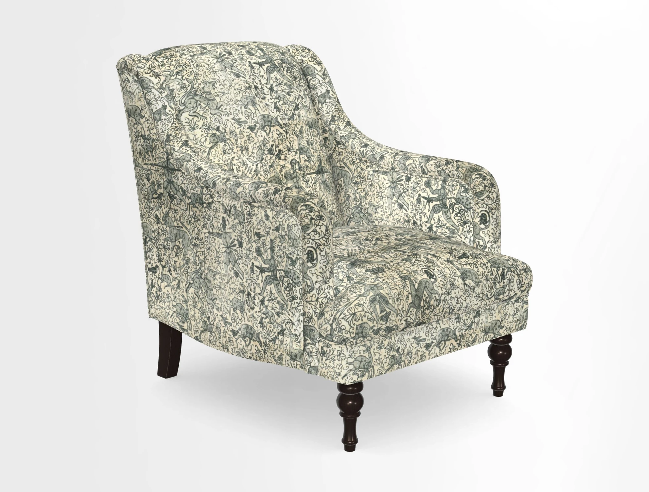 Rothermere Chair in RHS Gertrude Jekyll Ornamental Brown with Arms and Front Border in Mohair Velvet Mushroom